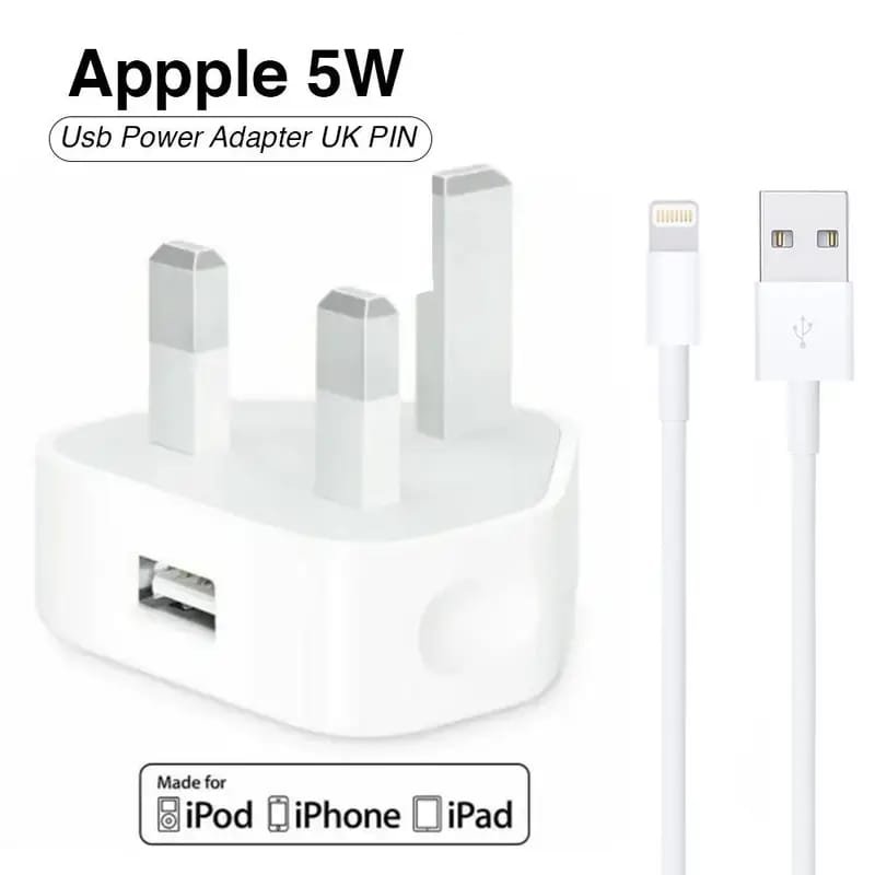 iPhone X USB Power Adapter & Lightning to USB Cable Set - 3-Pin UK Charger with 1M Cable + Premium Box